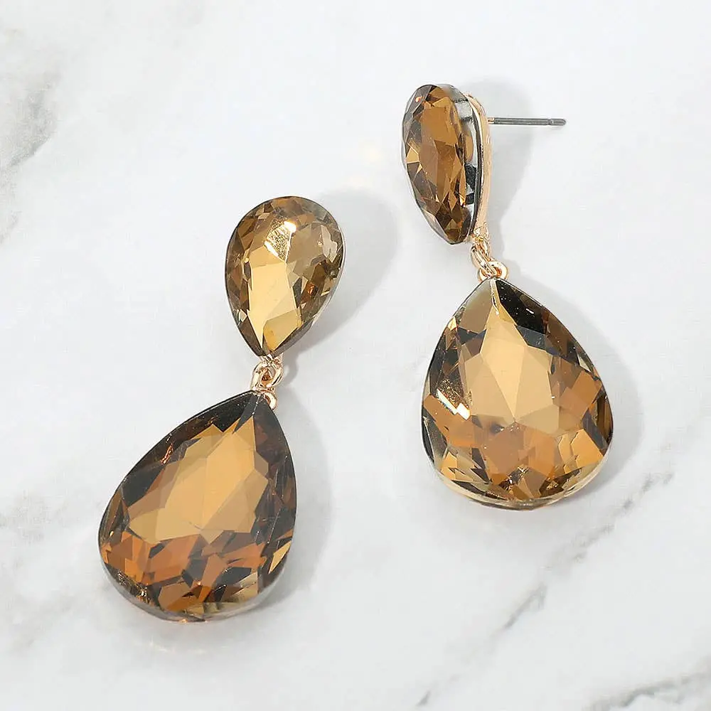 Teardrop Crystal Rhinestone Evening Earrings: Brown, Red, Turquoise