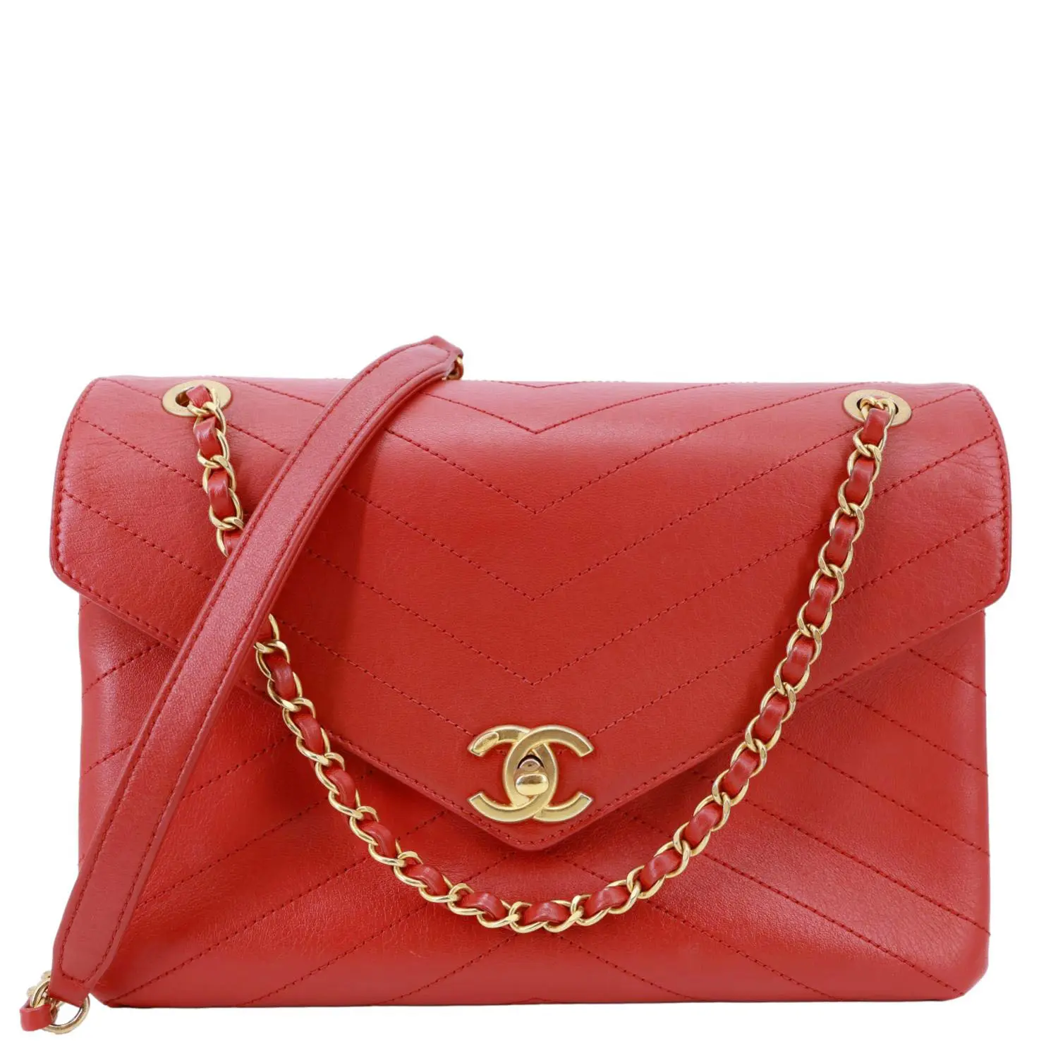 Pre-owned CHANEL Leather Crossbody Bags Envelope Flap Lambskin Chevron Stitched Crossbody Bag Red