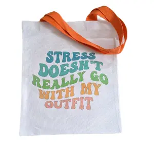 Canvas Personalize a Canvas Tote Bag - Stress Doesn't Really Go with My Outfit, 13x14in, White with Orange Handles, Custom Name Option