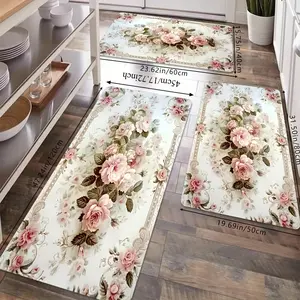 Spring and summer pink flowers welcome kitchen decorative carpet, Machine Washable Rugs, machine washable bathroom floor mat set, bedroom, kitchen, living room, bathroom floor mat, spring and summer decorative floor mat