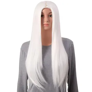 30 Inches Long Straight White Synthetic Hair Women Full Head Cosplay Wig with Wig Cap (1001 - White)