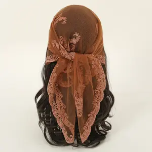 Women's Brown Lace Scarf Head Wrap, Paisley Embroidered Mesh Square Sheer Vintage Bandana Floral Shawl, Boho Cottagecore Sports Headband for Party Gift