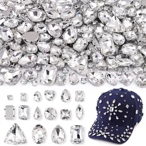 120 PCS White Bedazzling Sew on Rhinestones, Mixed Shape Charms Claw Flatback Glass Rhinestone with Metal Base for Crafting, Large Gems for Clothes Shoes Hats Collars Bags & Sewing Accessories