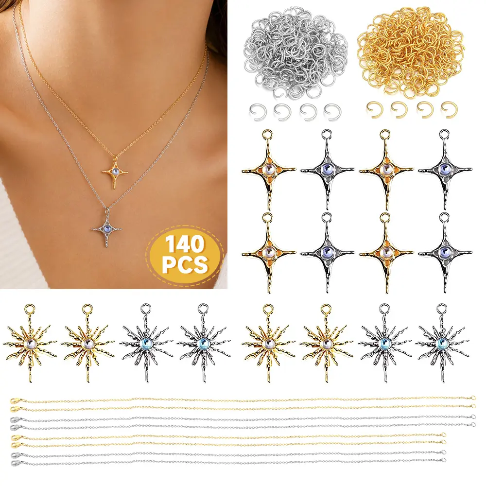 140Pcs Silver&Gold Plated Celestial Sun Moon Star Charm DIY Jewelry Making Kit, Rhinestone Alloy Pendants with Chains Jump Rings, Ins Dainty Accessories for Choker Necklace Bracelet Earring Holiday Gift Craft Supplies