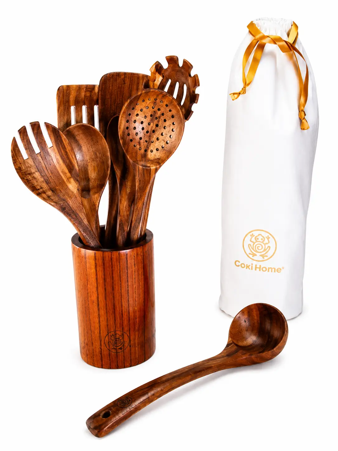 Coki Home 10-Piece Teak Utensil Set with Wooden Vase Non-scratch Eco-friendly Safe for All Cookware Gift-Ready Bag Timeless Design Premium Craftsmanship Kitchen Utensils for Cooking Serving and Mixing