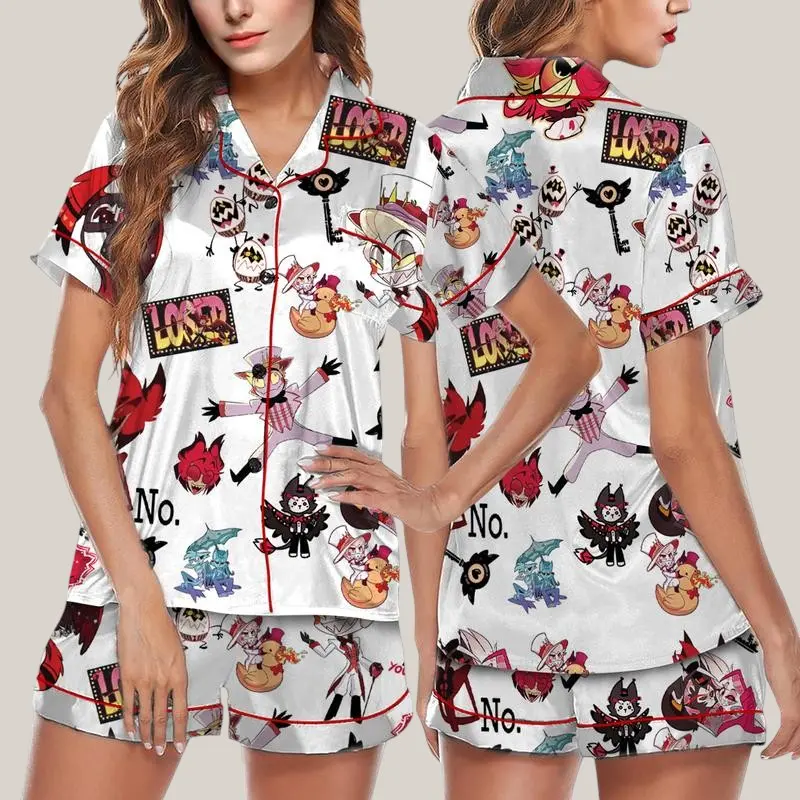 Women's Cute Cartoon Print Pajama Set, Silky Satin 2-Piece Button-Up Loungewear with Shorts for Summer, Soft, Casual, Short Set, Graphic, Lightweight, Hazbin Hotel Characters