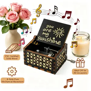 1Pack Hand-cranked Wooden Eight-Note Box - Vintage Laser Carved Small Music Box with 'You are My Sunshine' Letter, Birthday/Anniversary/Wedding/Valentine's Day Gift, Family Room Desk Office Desktop Decoration