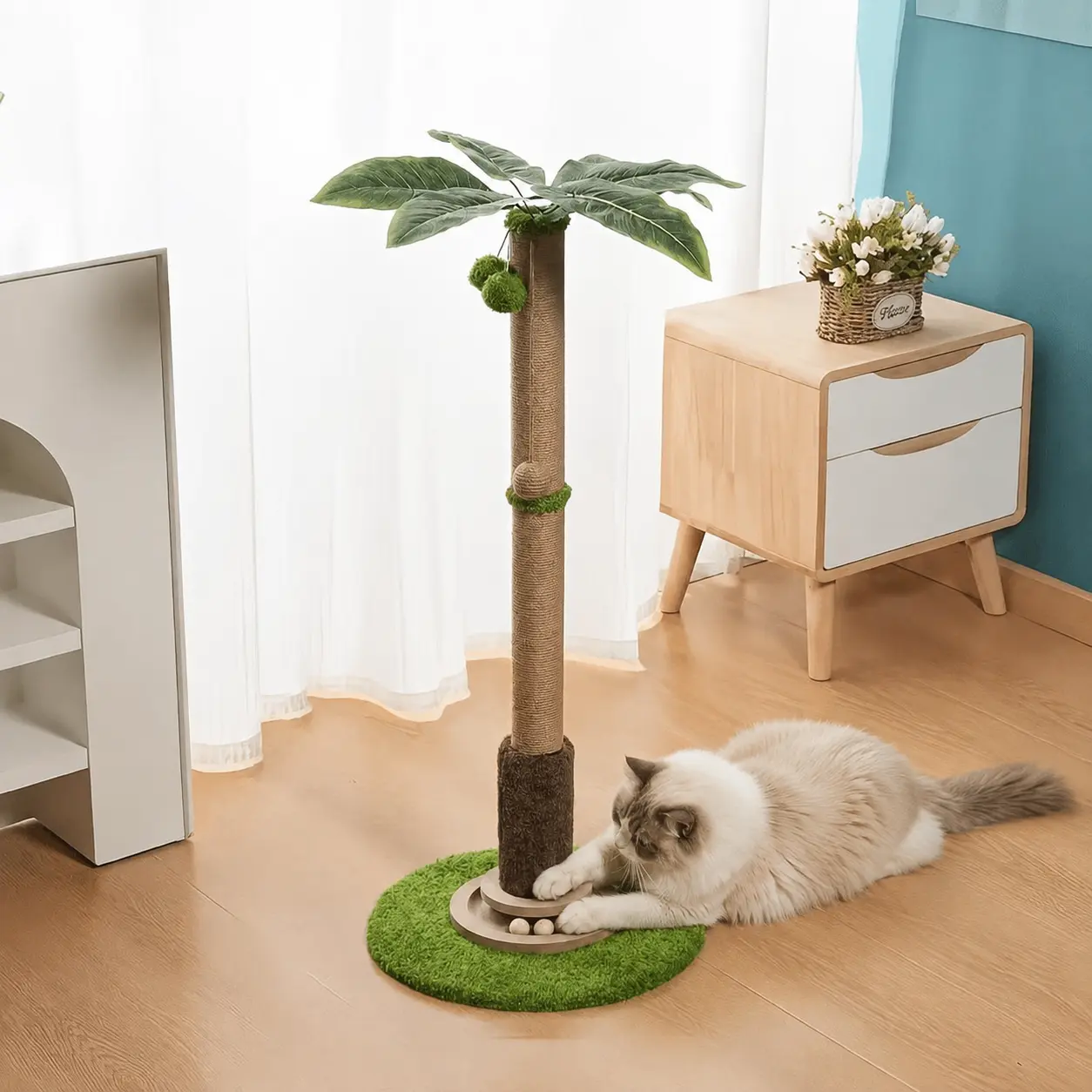 36.22" Tree Cat Climbing Frame with Interactive Hanging Toys, Multi-Level Sisal Cat Climber for Indoor Cats Space-Saving Small Cat Condo Furniture