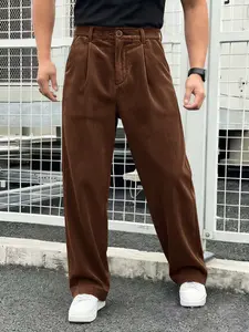 Men's Corduroy Casual Pants, Button Closure, Zipper Inset, Comfortable Soft, Lightweight Breathable, Back Pocket Design, Mid-Waist, Spring & Fall