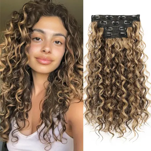 AISI HAIR 4PCS Boho Copper Red Deep Wave Synthetic Curly Hair Clip-in Extensions, Natural Lace Weft, Tangle-Free Heat-Resistant Fiber, Secure Fit, Adds Full Luxe Volume for Women's Fashion Everyday Wear
