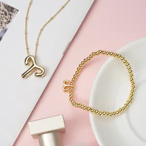 MEIITRUE 14K Gold Plated Zodiac Necklace Bracelet Set for Women Adjustable Bubble Pendant Elegant Minimalist Design Personalized Jewelry