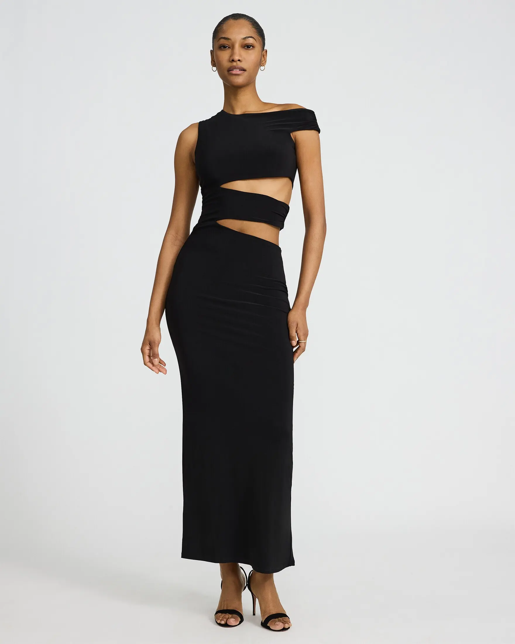 knee length dresses for ladies Black Satin Dress - Cutout Waist Midi Dress