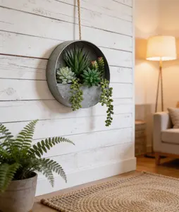 Hanging Galvanized Wall Planter with Faux Succulents