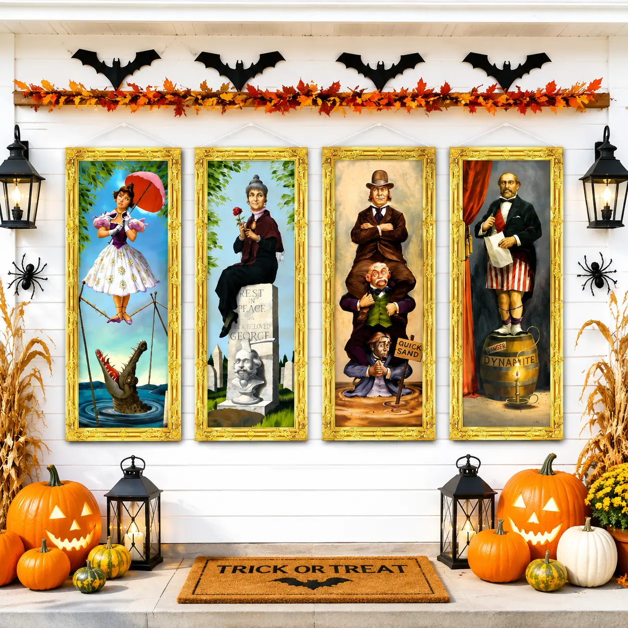 4Pcs Halloween Haunted Mansion Stretching Portraits, Gothic Spooky Antique Artwork Banner - Vintage Horror Backdrop for Indoor Home Wall Decor, Outdoor Holiday Party Hanging Photo Art