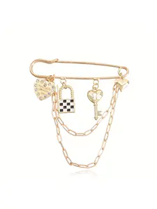 New Jewelry Plaid Lock Key Heart Brooch, Trendy Multi-Element Vintage Pin Accessory, Chain