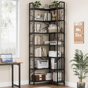 Space-Saving L-Shaped Corner Dining Table – 72"/86" Tall, 5/7-Tier Modern Industrial Bookcase Style – Beaded Detailing, Metal Frame Storage & Display Rack for Living Room, Bedroom, Home Office