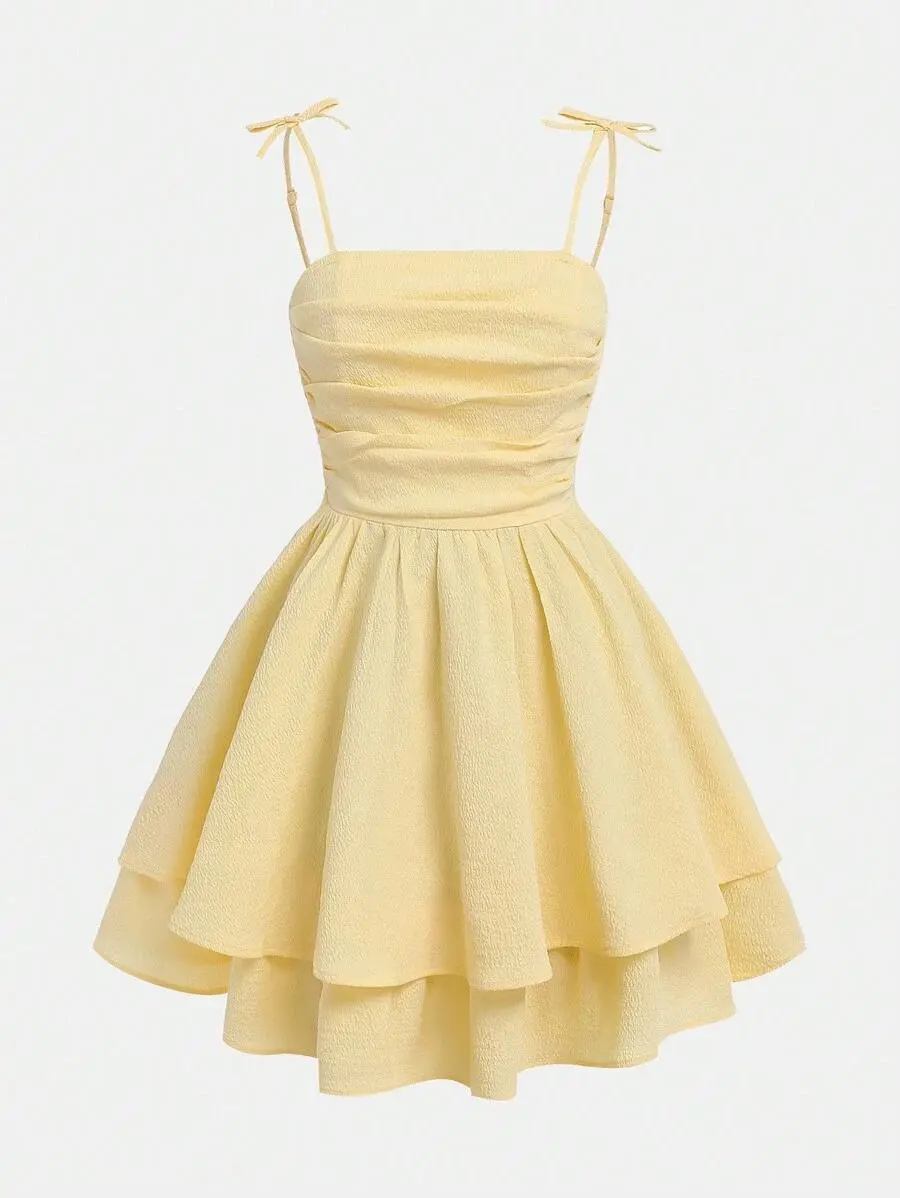 Teen Girls Solid Color Ruched Cami Dress Layered Hem Casual Graduation Dress Summer Outfit