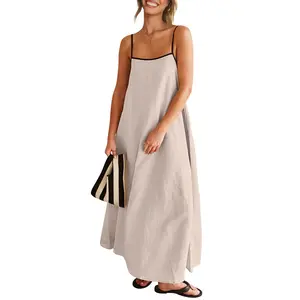 Shy Velvet Women's 2024 Summer Linen Maxi Dress Contrast Spaghetti Strap Dress Backless Sleeveless Casual Party Beach Dresses