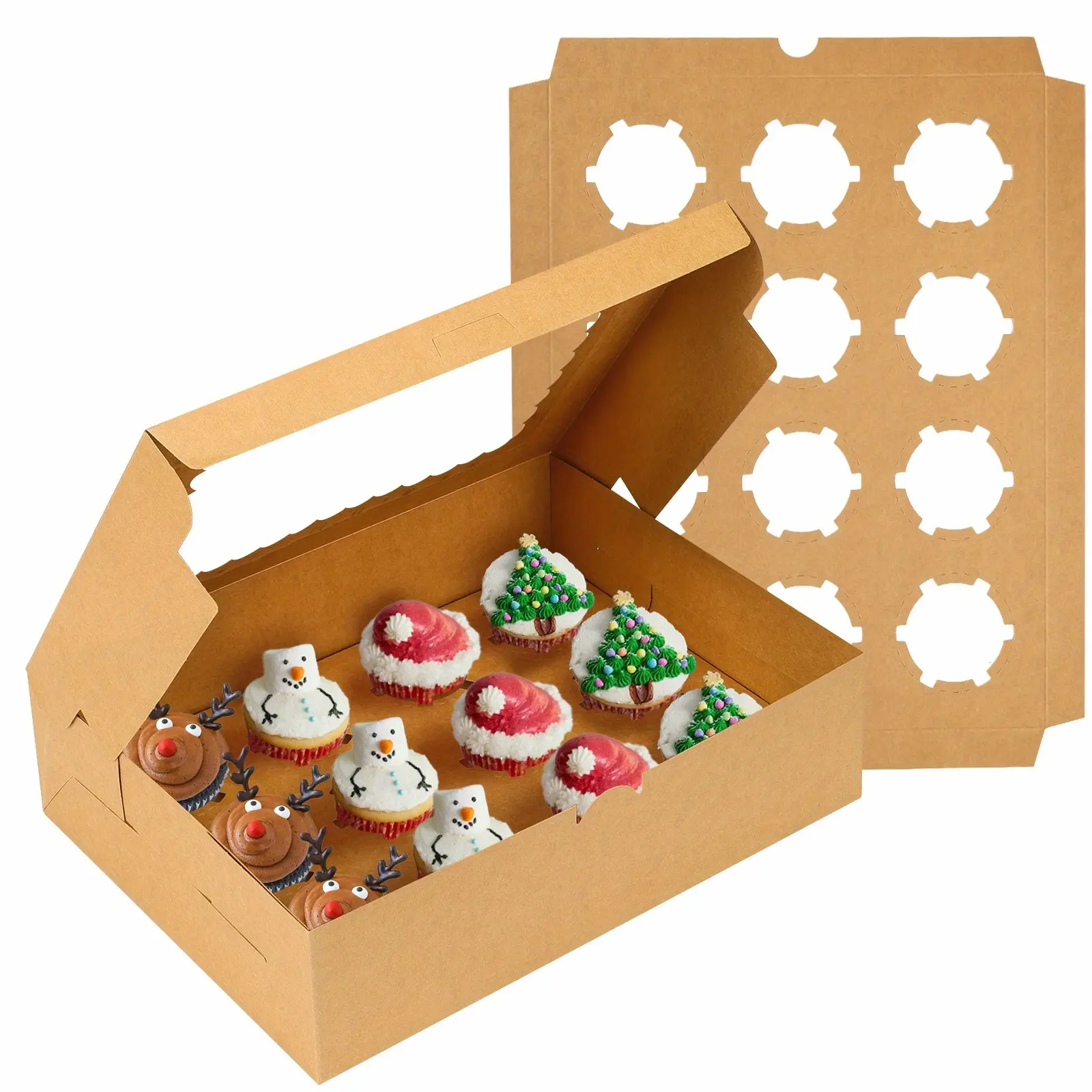 TOMNK 10/20-Set Cupcake Boxes Hold 12 Standard Cupcakes, Auto-Popup Cupcake Containers with Windows And Inserts, Food Grade Kraft Cupcake Carrier And Cupcake, for Birthday Party, Wedding And Father's Day (Brown/White)