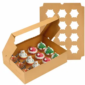 TOMNK 10/20-Set Cupcake Boxes Hold 12 Standard Cupcakes, Auto-Popup Cupcake Containers with Windows And Inserts, Food Grade Kraft Cupcake Carrier And Cupcake, for Birthday Party, Wedding And Father's Day (Brown/White)