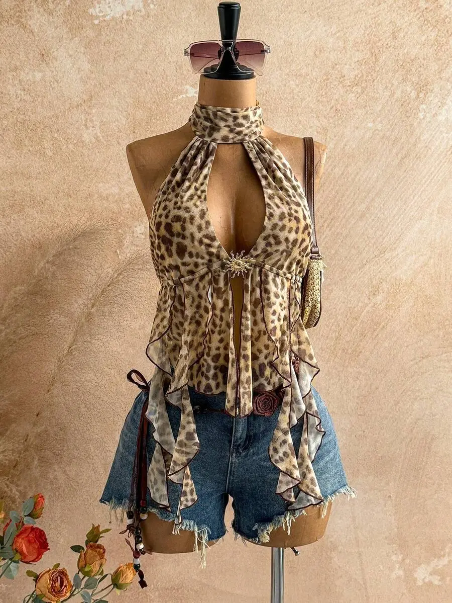 RES Leopard Print Halter Top Sexy Backless Bow Tie Summer Beach Party Top