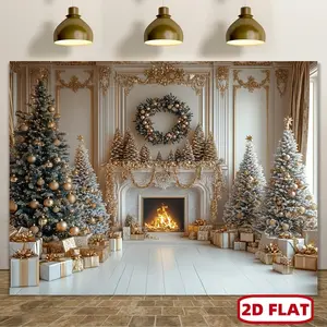 1pc 2D Flat Winter Christmas Scene Backdrop with Fireplace & Tree Design, Polyester, Oversized Outdoor Holiday Wall Decor