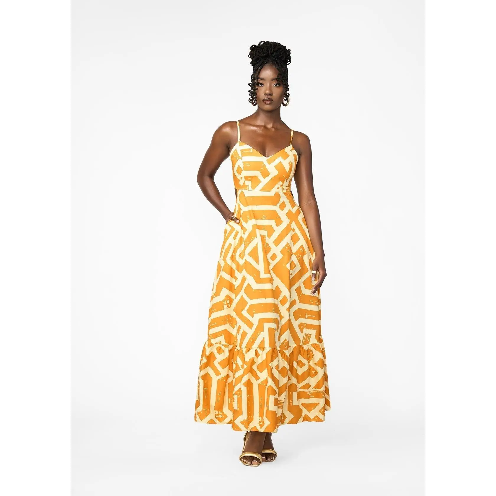 african print cut out dress Oneyka Women's African Print Cut-Out Maxi Dress (Gold Cream Tribal)