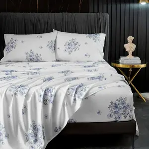 Blue Floral Sheets Queen Size,18 inches Deep Sheets 1800 Count, 4 Pieces Floral Bed Sheets Soft Breathable Farmhouse Bed Sheets, Oeko-Tex Certificated.