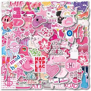 110PCS Preppy Vinyl Sticker Party Supplies Vinyl Waterproof Sticker Aesthetic Stickers Decor Pink Party Mobile Phone Stickers for Laptop Water Bottle