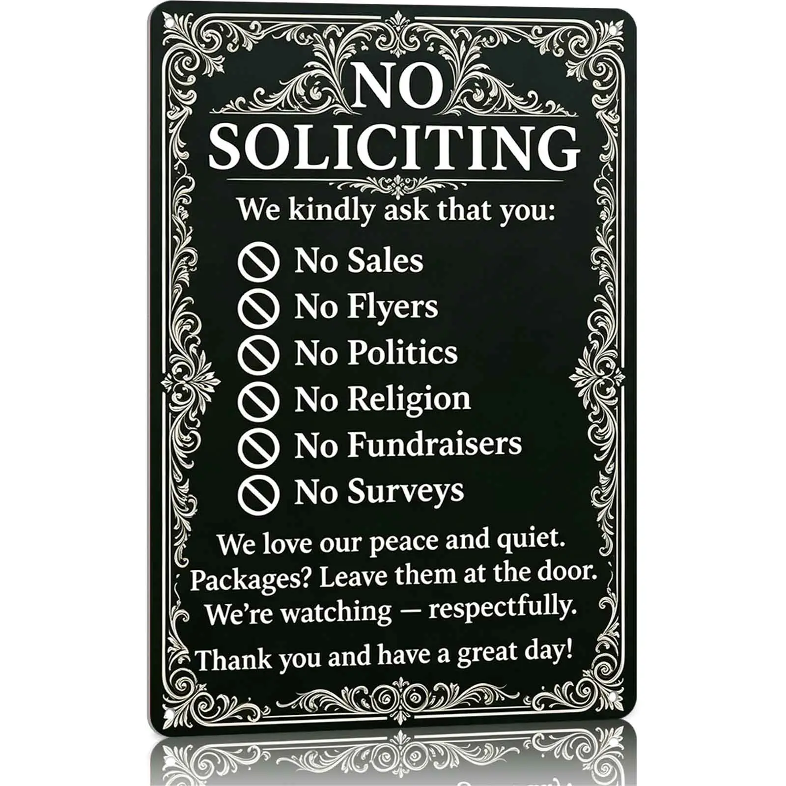8x12 in Ornate Aluminium No Soliciting Sign - Wall Mount Decorative Home Plaque, Elegant Vintage Door Decor, Home Decor Gifts for Definitive Sales & Religion Request Notice