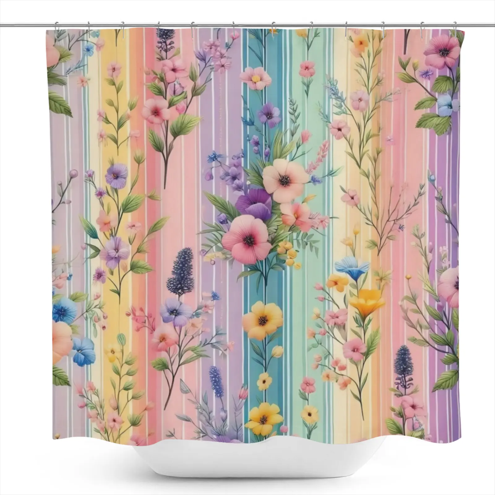 Rainbow Striped Wildflower Shower Curtain - 1Pc Waterproof Resistant Polyester Fabric, 12 Hooks Included, 71in W X 71in H, Modern Art Design, Bathroom Decoration Home Supply