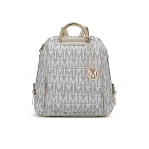 MKF Collection Cora Signature Backpack with Gray Pattern, Gold Logo, and Top Handle