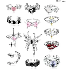 13-Piece Adjustable Y2K Gothic Ring Set – Unisex Chunky Silver Jewelry with Pink Heart, Moonstone & Butterfly Designs for Daily Wear and Gifting