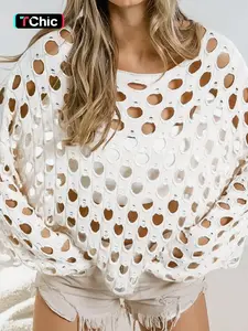 Women's Knitted Round Neck Long Sleeve Pullover, Hollow Out Solid Color Loose Fit Shirt, Casual Beach Vacation Summer Top