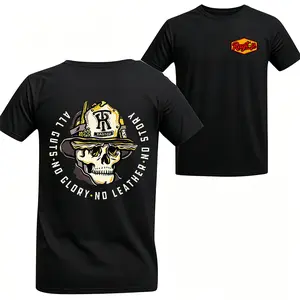 [Graphic T-Shirt]  Cotton - No Leather No Story Firefighter Skull T-Shirt, 2-Sided Ragtop Graphic Tee, Firefighter Skull Cotton Shirt for Fire Service Enthusiasts, Shirts for men