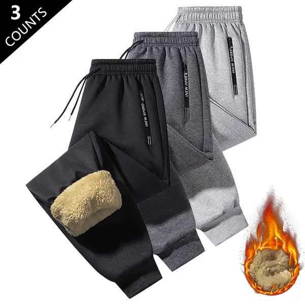 Men's Casual Fleece-Lined Sports Pants with Adjustable Drawstring Waistband and Zippered Pockets - The fleece lining provides extra warmth, comfortable cold-resistant thick men's pants, warm sweatpants with athletic cuffs, perfect for running, hiking, yog
