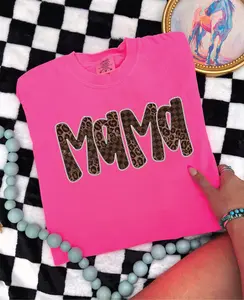 Mama Checkered Leopard- Comfort Color Neon Pink UNISEX Tee