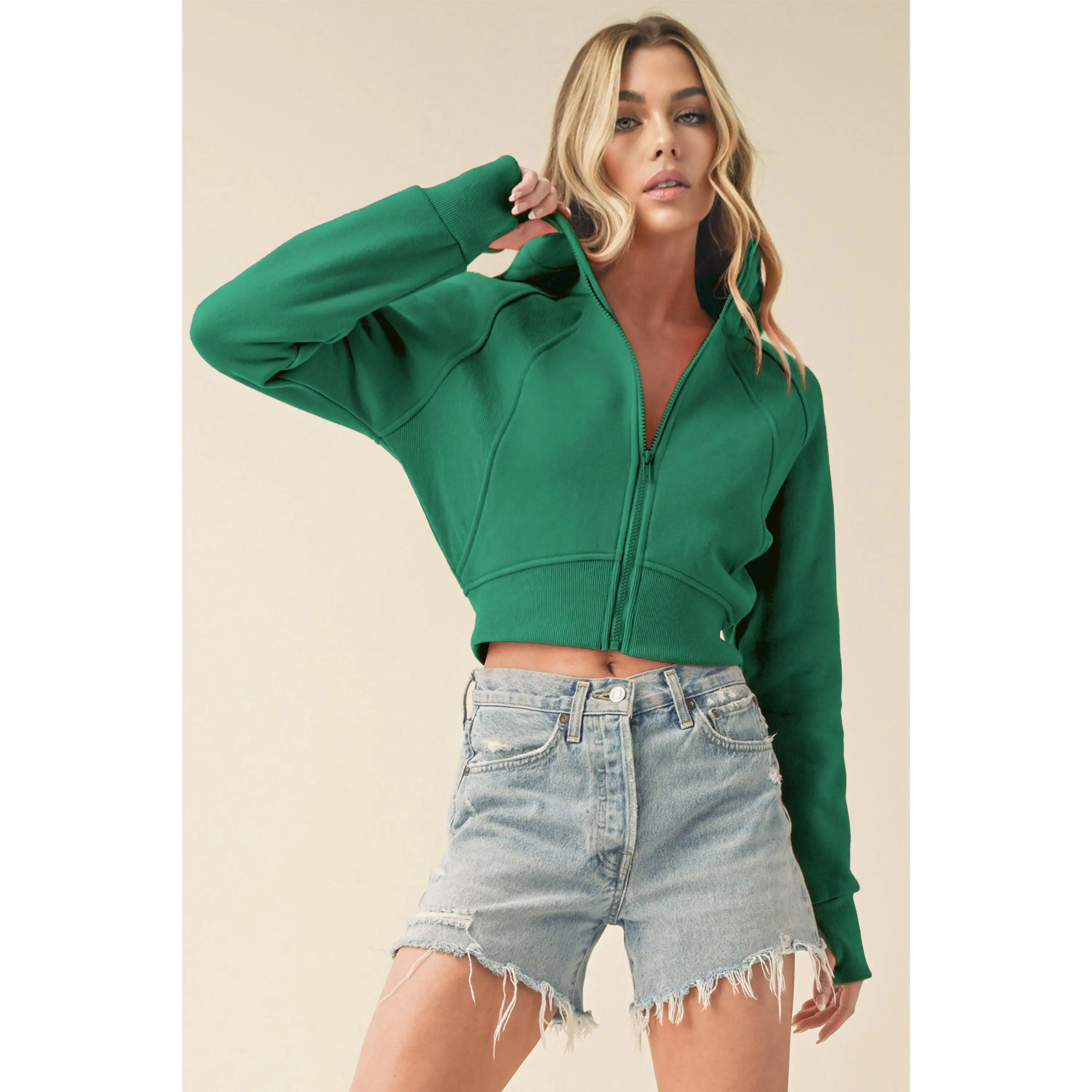 Aemi + Co Zip Up Raglan Sleeve Cropped Hoodie