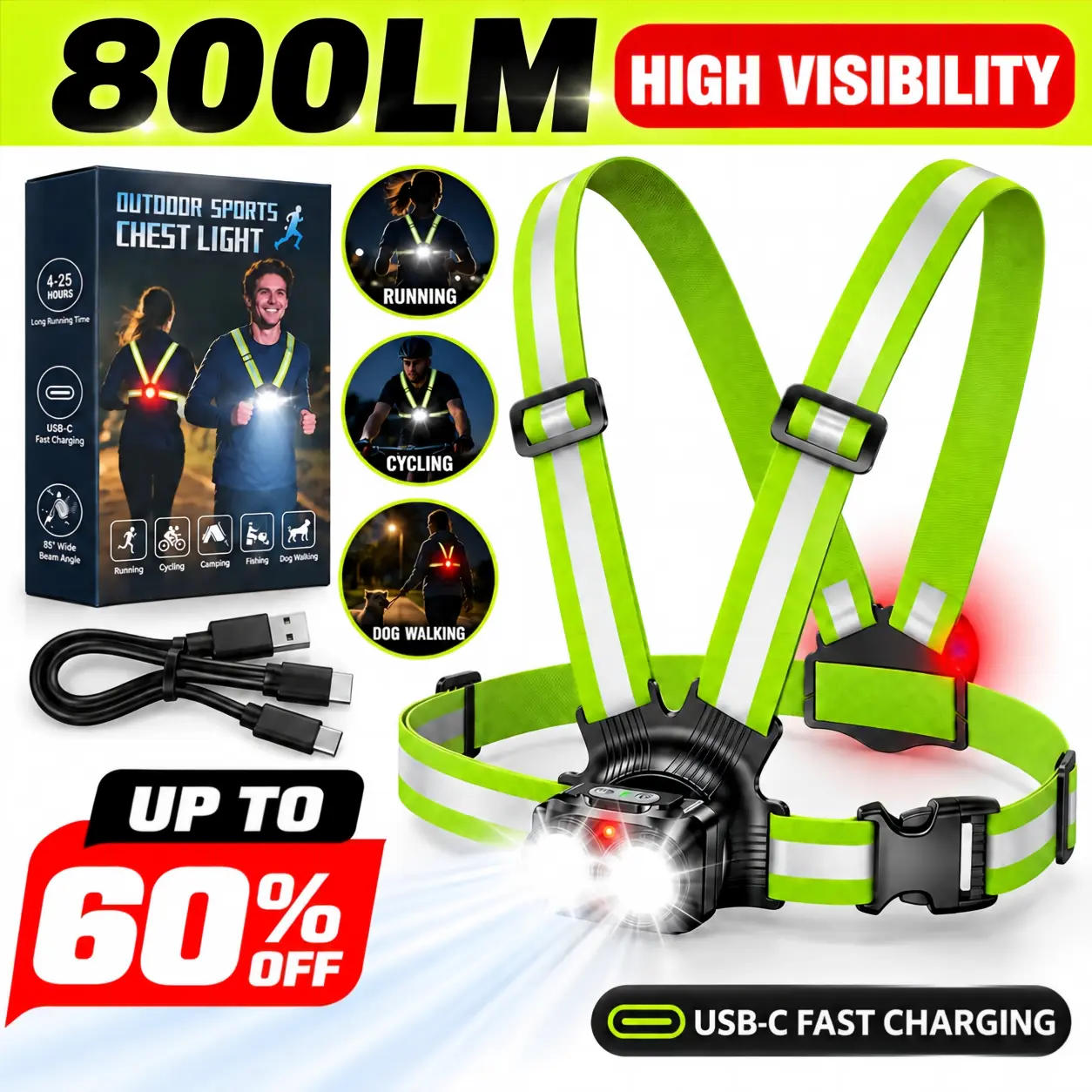 800LM High-Visibility Running Lights for Runners, Adjustable 45° Beam & 360° Reflective Vest, IPX4 Waterproof Running Vest Light for Night Walking/Cycling/Jogging, 4-25Hrs Runtime  2026 September Stock Up Campaign
