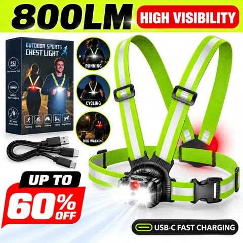 800LM High-Visibility Running Lights for Runners, Adjustable 45° Beam & 360° Reflective Vest, IPX4 Waterproof Running Vest Light for Night Walking/Cycling/Jogging, 4-25Hrs Runtime  2026 September Stock Up Campaign