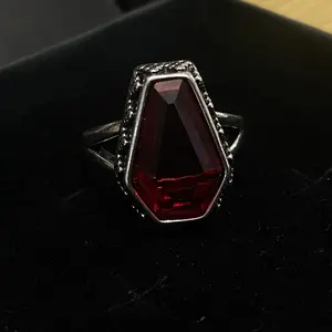 Gothic dark style coffin-shaped vintage silver ring, inlaid with deep red synthetic ruby, unisex neutral retro style, dark aesthetic ring, a signature accessory for Gothic, punk and dark styles. A holiday gift for him.