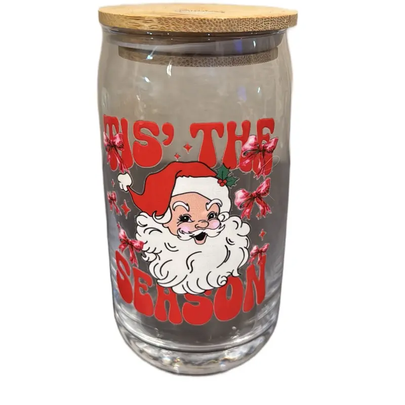 Santa Cup with 'Tis The Season' Design and Bamboo Lid for Festive Drinking
