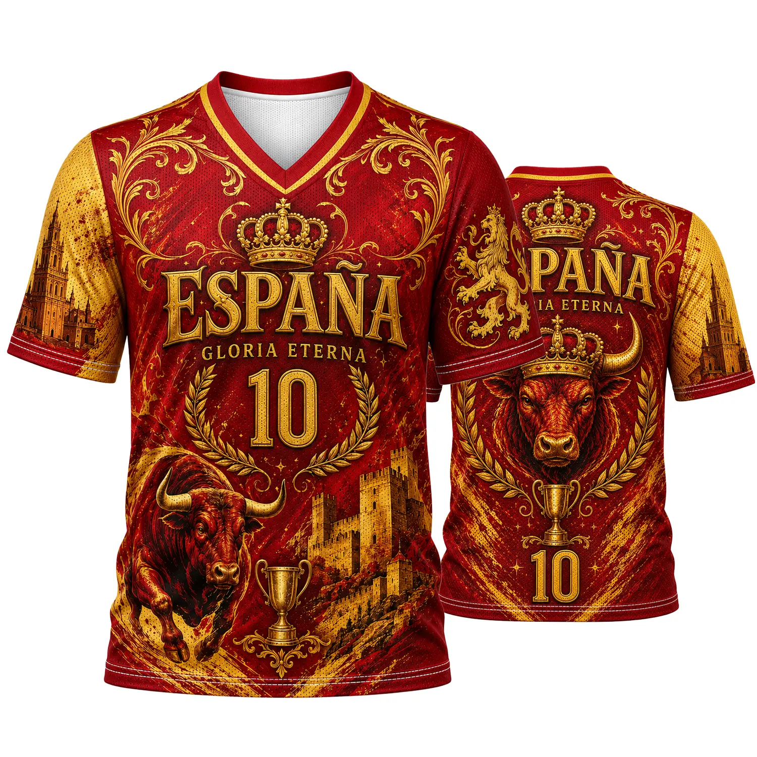 Spain Color-Inspired V-Neck Athletic Shirt for Men Women, Red Gold Bull Crown Laurel Castle and Number 10 Graphic Short Sleeve Casual Top, Size S-5XL