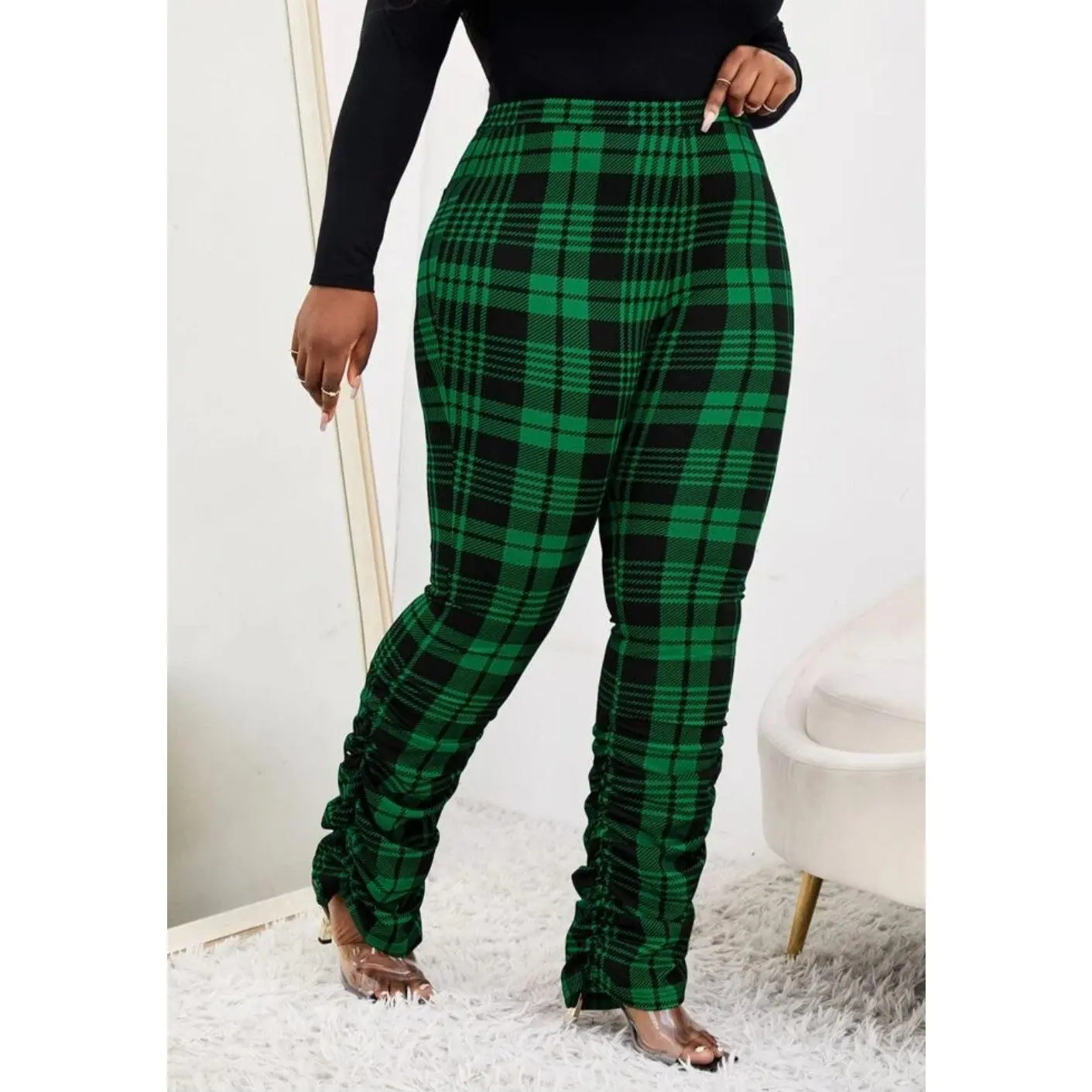 Pretty Plaid Pants - Green & Black Checkered Ruched Bottoms for Women's Long Fit - Model Wears 1X