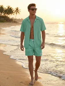 Men's Seersucker Beach Suit Summer Vacation Casual 2-Piece Set Short Sleeve Button Down Shirt T-Shirt Tee Tops Beach Shorts with Side Pockets and Triangle Mesh Lining