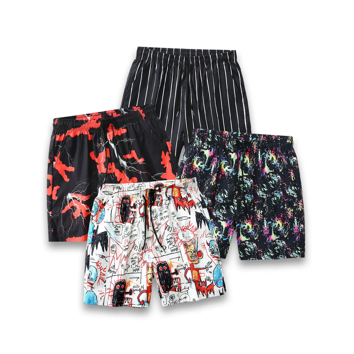 Men's Summer Multi-Pack Adjust-Fit Color-Mixed Paint-Splattered Shorts, Featuring Stripe, Graffiti, Color Splash, Ink-Splatter Lightning Patterns - Ideal for Travel, Streetwear, Menswear Bottoms, Adjust-Fit Men's Shorts, Color-Mixed Men's Shorts