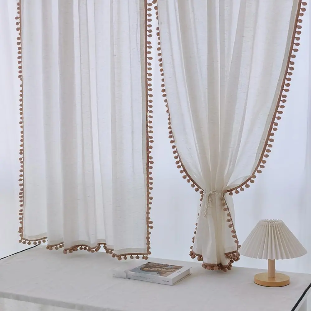 Luxury Vintage Cotton Linen Ball Decorative Sheer Curtain, Home Decoration Curtain, French Style Creamy Window Drapes for Bedroom Living Room Balcony