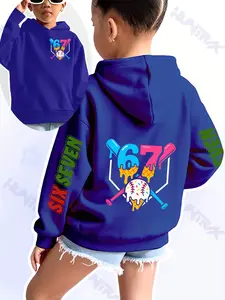 Girls' Fun Number Print Graphic Team Hoodie, Casual Fitted Sweatshirt, Baseball & Ice Cream Design, Fall Winter Elastic Fabric, Christmas Gift