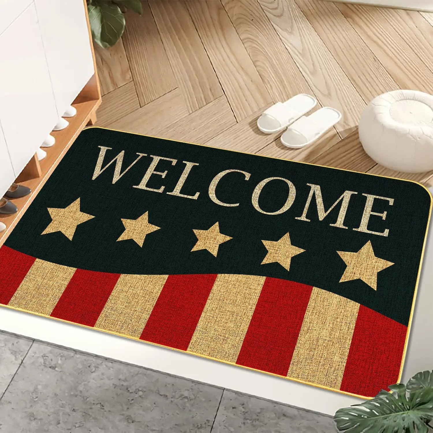 Patriotic Anti-Slip Retro Classic Door Mat with Rubber Base, 4th of July American Stars Stripes Home Decor, Low-Profile Retro Linen Porch Mat for Indoor/Outdoor Use