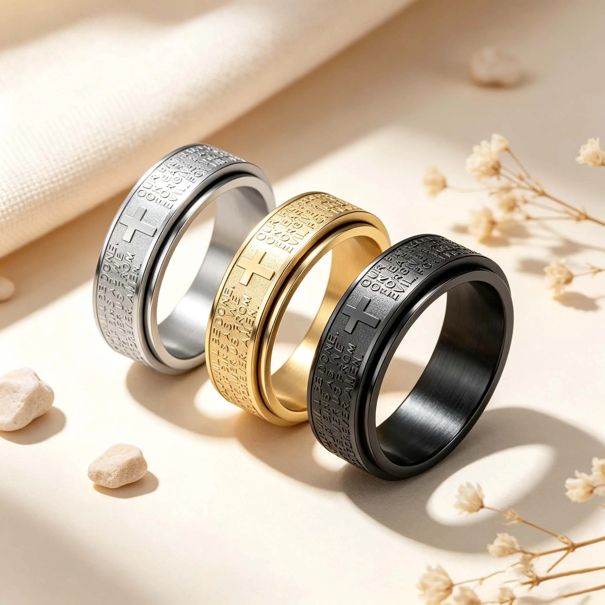 Rotatable Cross-Shaped English Ring Scripture Prayer Faith Jewelry for Women and Men